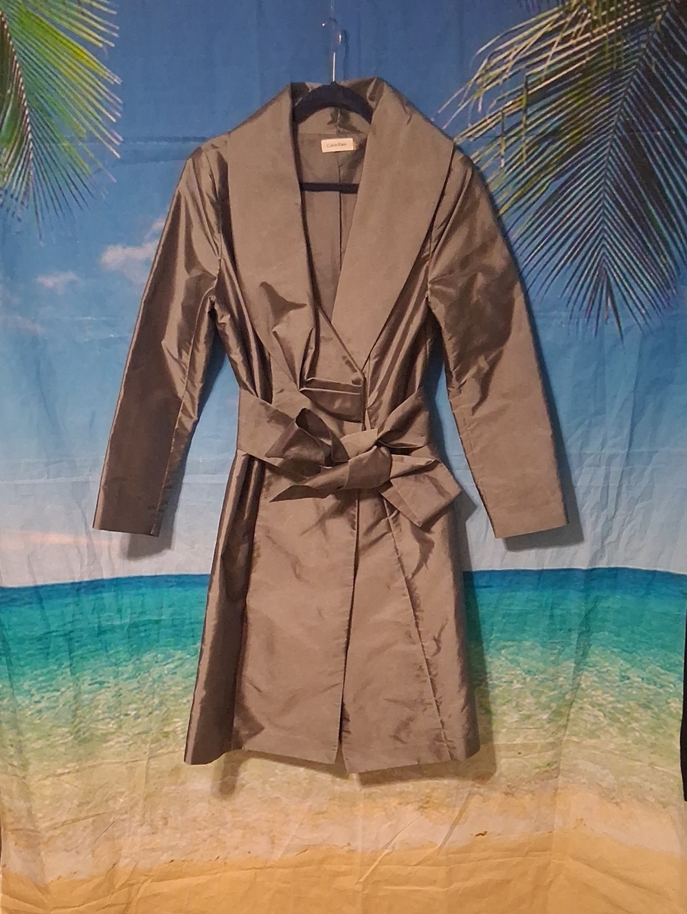 Calvin Klein Gray Satin Trench Coat with Self-Tie Bow